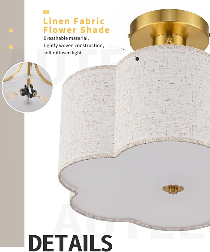 AUTELO 3-Light Semi Flush Mount Ceiling Light, Brushed Gold 12.6 Inch Modern Ceiling Light with Flower-Shaped White Fabric, Farmhouse Ceiling Light for Bedroom Hallway, C2507 BGS-6