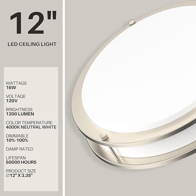 DYMOND LED Ceiling Light Fixture Flush Mount 4000K Natural Daylight Dimmable Surface Mount Brushed Nickel Ceiling Lamp for Kitchen, Hallway, Bathroom, Bedroom, Closet (12 Inch)