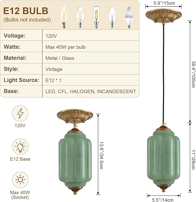 5.5" Small Chandelier Modern Farmhouse Milk Glass Pendant Lighting Fixture Green Hanging Lamp Height Adjustable 1-Light for Dining Room, Entryway, Hallway