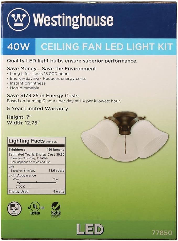 Westinghouse 7785000 Three-Light Led Cluster Ceiling Fan Light Kit, Oil Rubbed Bronze Finish with Frosted Ribbed Glass , White