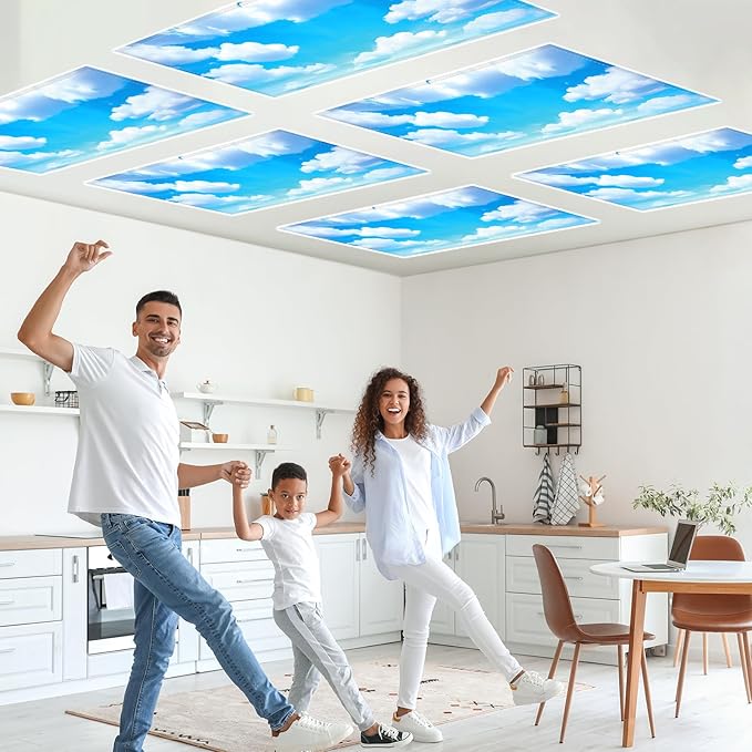 QOUBAI 6PCS Fluorescent Light Covers, 4x2 Feet Magnetic Light Cover Fluorescent Lights Shade Panel Positive Inspirational Ceiling Lights Filters for Office Classroom Home Drop Ceiling Blue Sky