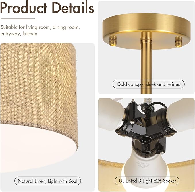 13 Inch Modern Semi Flush Mount Ceiling Light Fixture, Gold Drum Lamp with Textured Woven Linen Burlap Shade, Rustic Farmhouse Boho Lighting for Bedroom, Kitchen, Hallway, Entryway Room