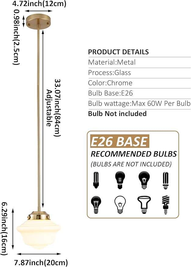 Schoolhouse Pendant Light Set of 3, 8" Brass Gold Pendant Lights with Milk Glass Shade, Farmhouse Ceiling Light Fixtures for Kitchen Dinning Room Living Room Bedroom Hallway