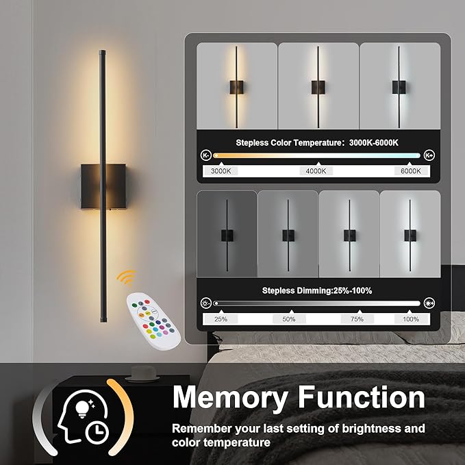 KARTOOSH 28.3 Inch 9 RGB Color Battery Operated Wireless Wall Sconces Set of Two, with Remote, Dimmable, Warm/Natural White/Daylight, Rotatable, LED Wall Light for Living Room, Bedroom, Black