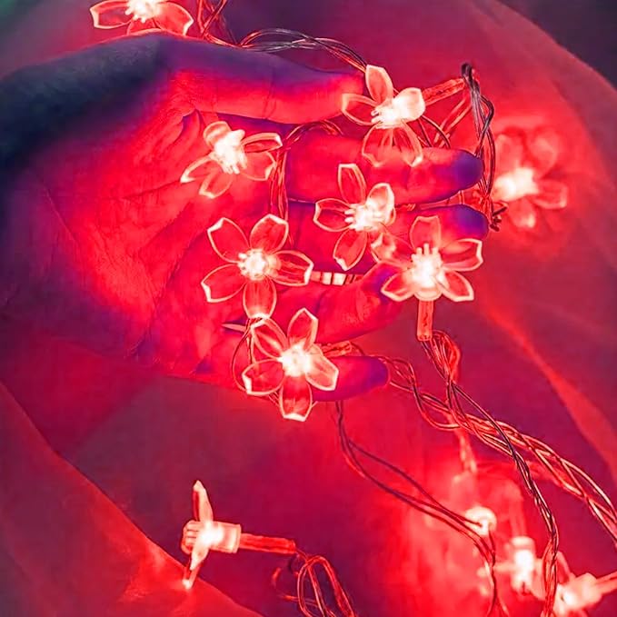 Battery & USB Operated 10ft Red Cherry Blossom Flower Fairy Lights String | Cute Flower String Lights With Timer For Bedroom, Party, Wedding, Christmas, Easter Tree Branch Hanging Romantic Decorations