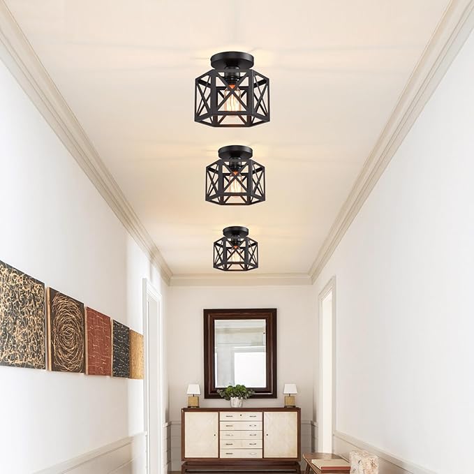 Black Flush Mount Ceiling Light,Hallway Light Ceiling Mount,Industrial Vintage Metal Cage Close to Ceiling Lights for Kitchen,Farmhouse,Bedroom