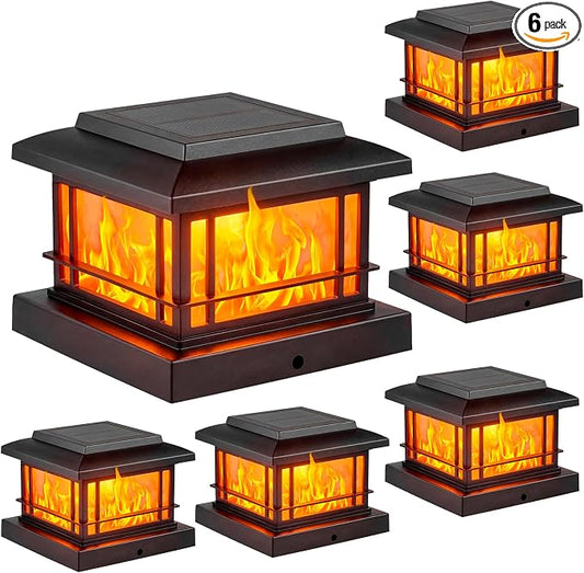 JOFIOS Flickering Flame Solar Post Cap Lights Outdoor, Black Post Lights with 3 Color Temperature, Fits 3.5" 4" 4.5" 5" Wood/Vinyl Posts, IP64 Waterproof Fence Deck Lights for Garden Patio Yard 6 Pack