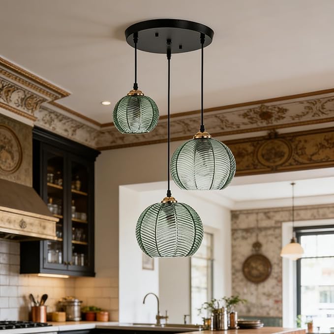 Modern 3-Light Pendant Lighting Hand-Blown Green Glass Chandelier, Hanging Ceiling Light with Glass Shade, Farmhouse Kitchen Island Pendant Light for Dining Room Bedroom Living Room