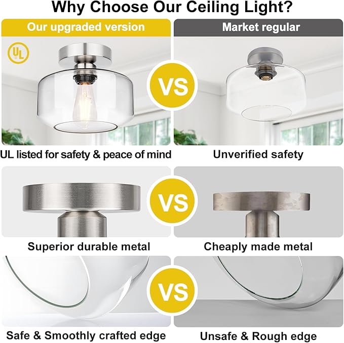 Lynnoland Industrial Semi Flush Mount Ceiling Light Brushed Nickel, Clear Glass Shade Ceiling Light Fixture, Farmhouse Light Fixture for Hallway Corridor Kitchen Bathroom Bedroom Foyer