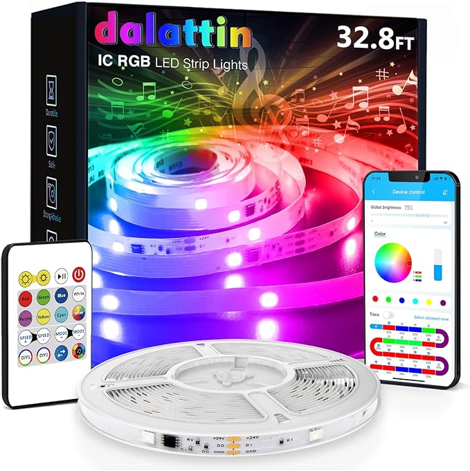 dalattin BGRIC 32.8ft LED Strip Lights for Bedroom, 5050 Smart LED Lights with Multiple Colors on One Line, Works with App & IR Remote, Music Sync for Room Decor Party Gaming