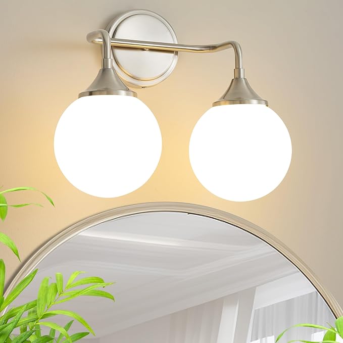 Brushed Nickel Vanity Lights Fixtures, 2-Light Bathroom Vanity Lighting Over Mirror, Modern Bathroom Wall Sconces with Milky White Glass Ball Shades