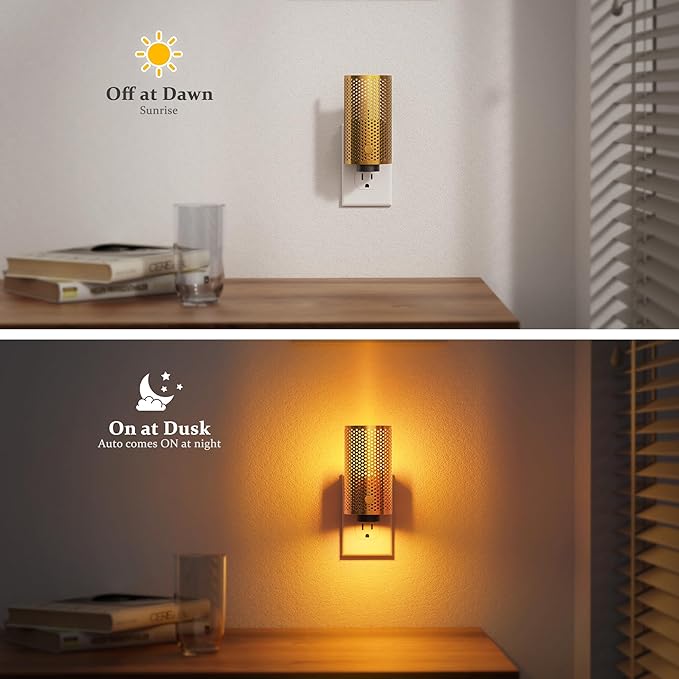 JandCase Night Lights Plug into Wall, Pretty Nightlight with Metal Shade, 3000K Warm White 0-100LM Adjustable Brightness, Flames Flickering Night Light for Bathroom Hallway Bedroom