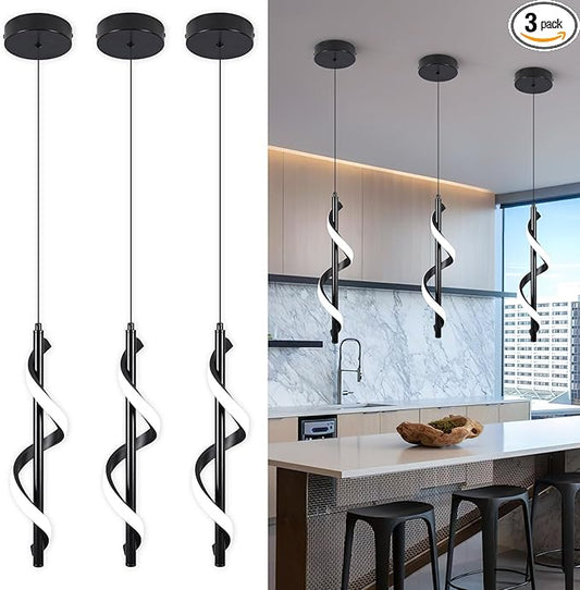 CANEOE 3 Packs Modern Spiral Led Pendant Light Fixture, Cold White 5500K Kitchen Island Pendant Lamp, Adjustable Hanging Light Fixture for Bedroom Living Room Kitchen Sink
