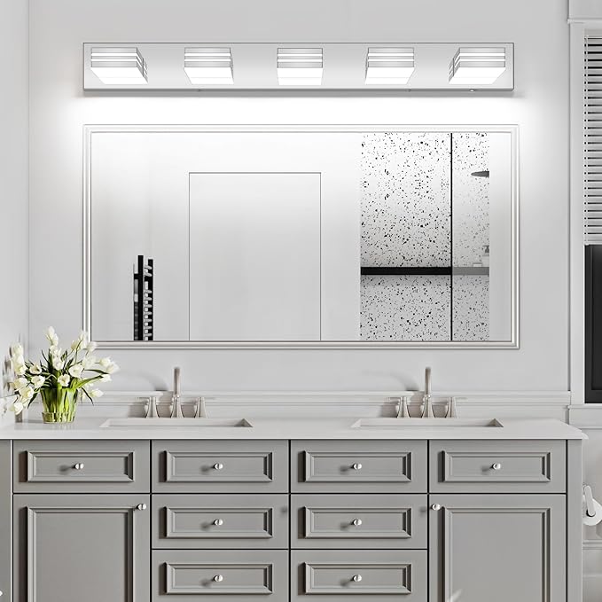 LED Modern Bathroom Vanity Light Fixtures (5-Light, 40-Inch)(5CCT, Dimmable), Chrome Modern Bathroom Wall Lighting Fixtures Over Mirror (3000K/3500K/4000K/5000K/6000K)