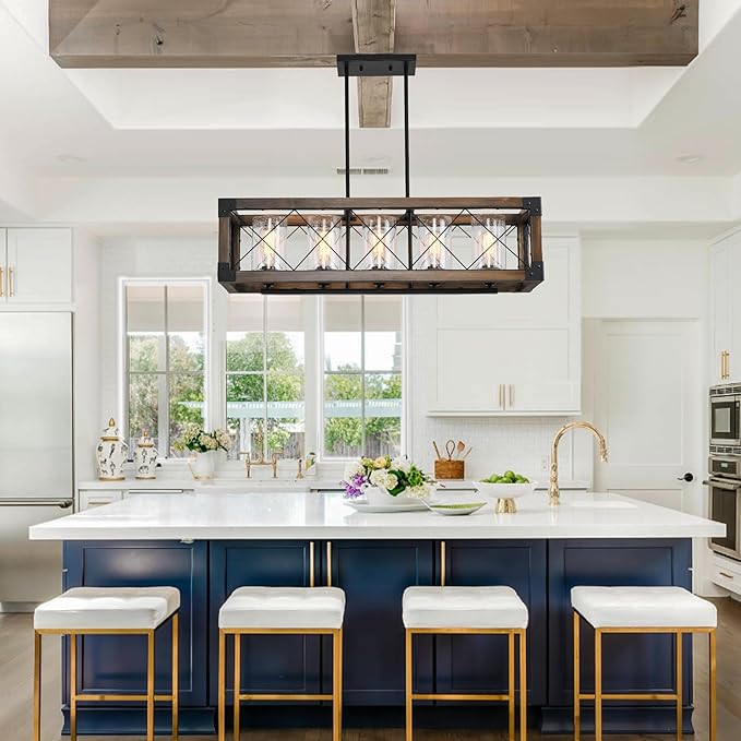 Farmhouse Kitchen Island Lighting, 5-Light Dining Room Light Fixture Over Table, Rustic Wooden Rectangle Chandelier, Pool Table Pendant Light Fixtures with Clean Glass Shade