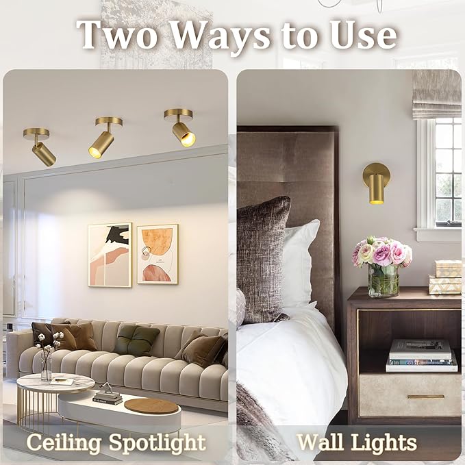 Gold Spot Lights Indoor 2 Pack LED Ceiling Spotlight Fixtures Adjustable 90° Anti-Glare Spotlight for Living Room, Paintings, Wall Art and Artwork, Warm White 3000K
