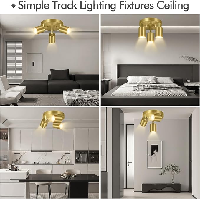 3 Light Track Lighting Fixtures Ceiling, Gold Round Directional Ceiling Spotlight, GU10 Flush Mount Track Fixture, Adjustable Modern LED Ceiling Lights for Kitchen/Living Room, Bulb Not Included