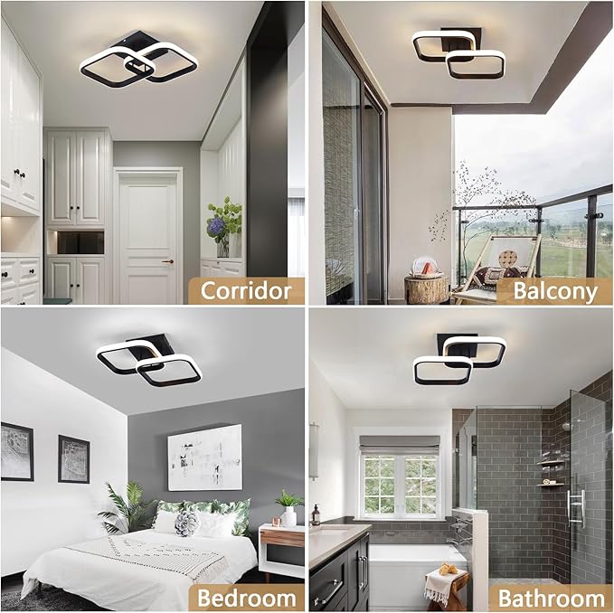 CANEOE Led Hallway Ceiling Light Fixtures, Square Modern Ceiling Lamp, 6000K Chrome Indoor Hallway Lighting Fixture for Living Room Bedroom Kitchen Bathroom Lights (Black, 2 Packs)