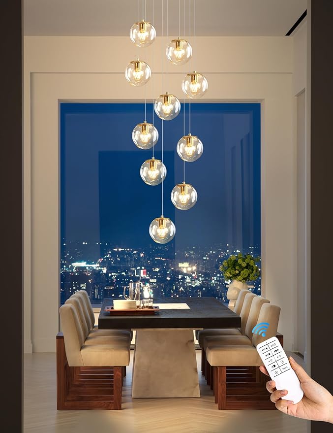 ykolupty 10-Light LED Staircase Modern Glass Globe Pendant Light Gold Chandeliers Large Chandeliers for High Ceilings, Entryway Lighting Fixture Villas and Stairs