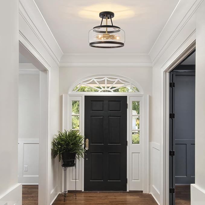 11.81" Black and Brushed Gold Close to Ceiling Light Fixtures, 3-Light Modern Drum Light Fixture, Hallway Ceiling Light, Glass Ceiling Lamp for Entryway Bedroom Laundry Room Dining Room Kitchen Lights