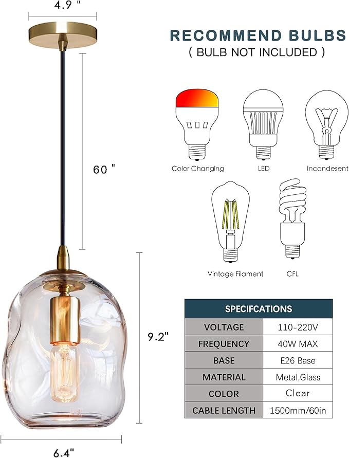 CASAMOTION Pendant Lights Kitchen Island 2 Pack Modern Contemporary Clear Glass Organic Globe Brass Hardware Adjustable Cord Bedroom Dining Table Small Medium Lamp 8 Inch Height