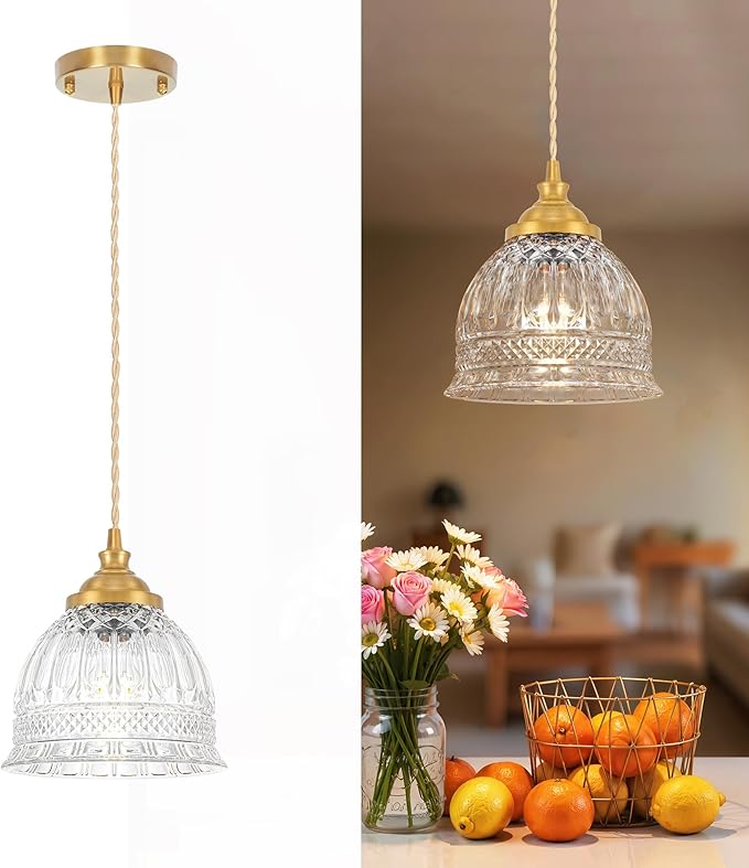 Vintage Pendant Light with Clear Glass, Antique Brushed Gold Pendant Lights Kitchen Island, 7.3''Brass Hanging Light Pendants for Bathroom Bedroom Hallway,Height Adjustable,Adapt To Different Ceiling