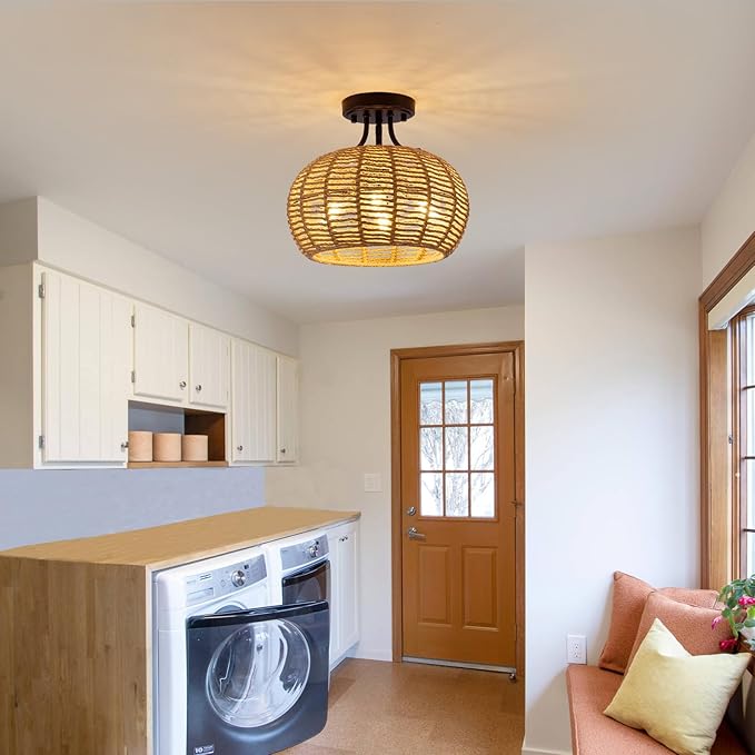 XSDeTu Boho Light Fixtures Ceiling Mount, 4-Light Farmhouse Hemp Rope Flush Mount Ceiling Light, Rustic Hand Woven Chandelier, Coastal Close to Ceiling lamp for Bedroom Hallway Entryway Kitchen