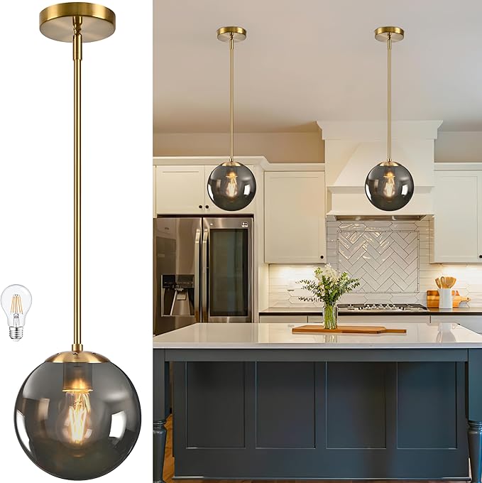 Bagood 8 Inch Globe Pendant Light Gold Globe Pendant Lights Kitchen Island Mid Century Light Fixture with Gray Clear Glass Contemporary Adjustable Hanging Lights for Dining Room (Bulb Included)