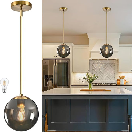 Bagood 8 Inch Globe Pendant Light Gold Globe Pendant Lights Kitchen Island Mid Century Light Fixture with Gray Clear Glass Contemporary Adjustable Hanging Lights for Dining Room (Bulb Included)