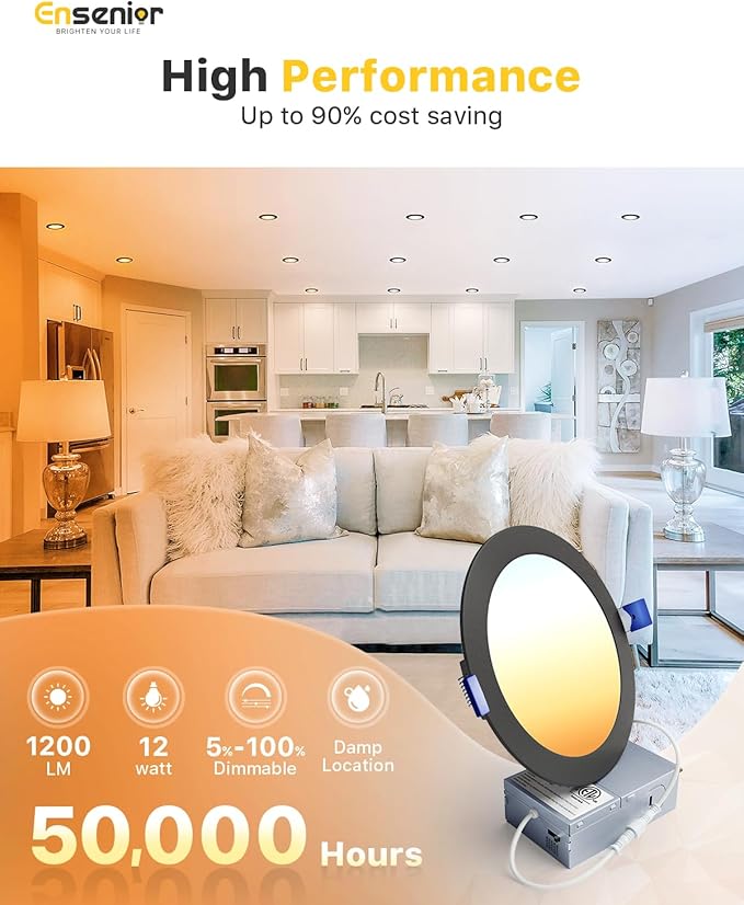 Ensenior 6 Pack 6 Inch LED Recessed Light, Dimmable, 2700K-5000K 5CCT, 1200LM High Brightness, 12W 120V, Damp Rated, Ultra-Thin Canless Wafer Light, Black - ETL & FCC & IC