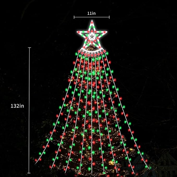 350 LED Christmas Decorations Star String Lights Waterproof Waterfall StarLights 8 Light Modes Remote & Timer,Waterproof Seasonal Lighting Decor for Home Xmas Tree Yard Wedding Party (Red&Green)