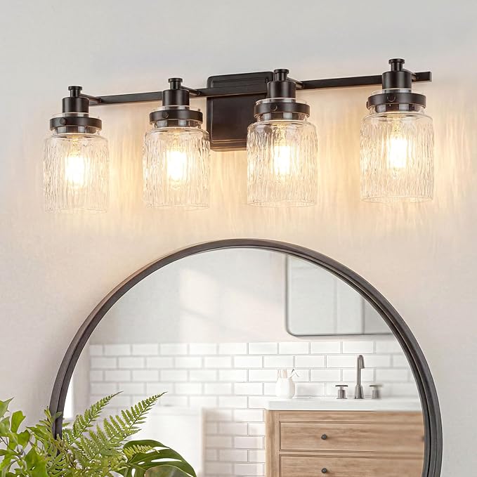 4 Lights Bathroom Light Fixtures Farmhouse Black Vanity Lights for Bathroom Lighting Fixtures Over Mirror with Hammered Glass Lampshade for Cabinet Mirror Bedroom Hallway