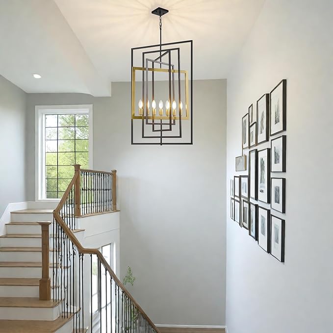 WJShome 7-Light Modern Chandelier, Industrial Large Chandeliers for High Ceilings, Farmhouse Foyer Lighting Fixtures, Black and Gold Geometric Pendant Light, for Living Room, Staircase, Entryway