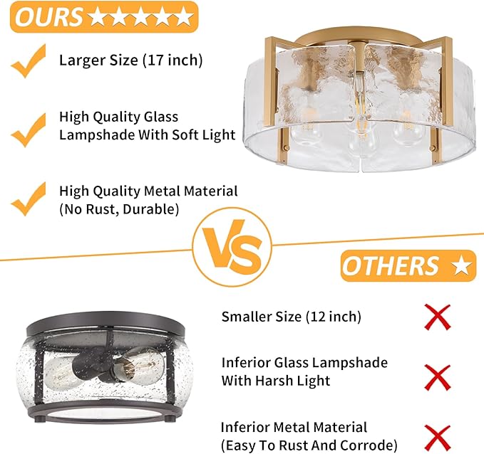 Gold Semi Flush Mount Ceiling Light Fixture, 17.7-Inch Farmhouse Modern Flush Mount Light Glass Drum Lights Foyer Lighting Fixtures for Kitchen Entryway Hallway Bathroom Bedroom Laundry Room