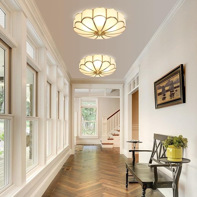 MIXL- Mid Century Brass Flush Mount Ceiling Light,LED Antique Brass Light Fixture, Modern Frosted Glass Ceiling Lamps for Living Room, Close to Ceiling Light Decorative for Bedroom(23.62" W)