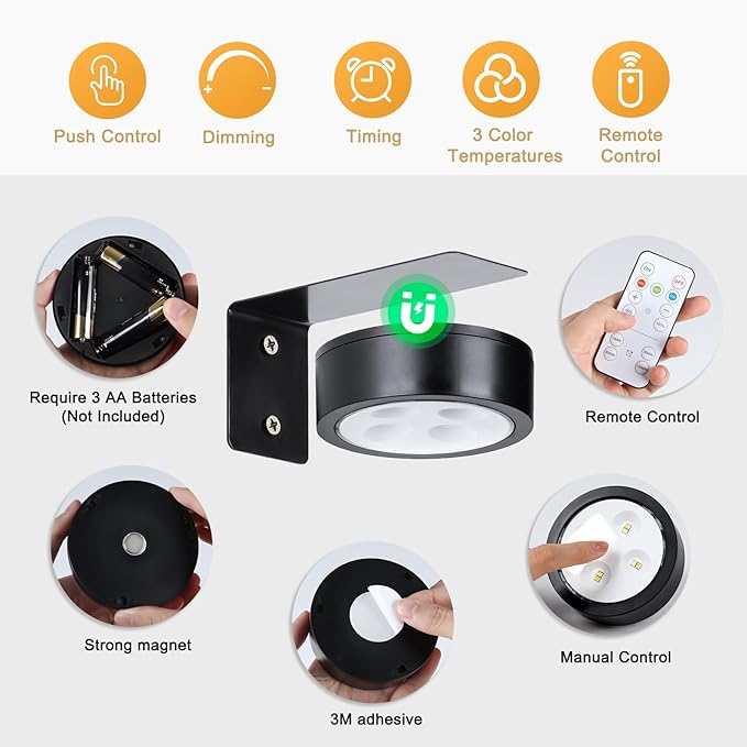 KELUOLY 4-Pack Picture Light Battery Operated with Remote, Led Lights Dimmable and Timer Painting Light, Art Display Light for Picture Frame Artworking Portrait, Home Wall Decor Puck Lights, Black