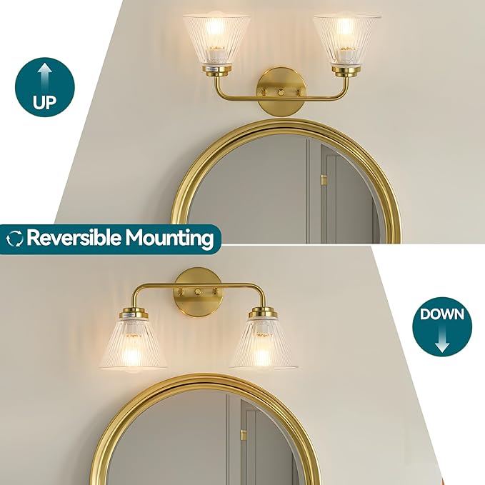 Modern Bronze Bathroom Vanity Light, 2-Light Wall Sconce with Clear Ribbed Glass Shades, Farmhouse Industrial Light Fixture for Bathroom, Vanity Mirror, Powder Room, Hallway (bronze, Eletroplate, 2)