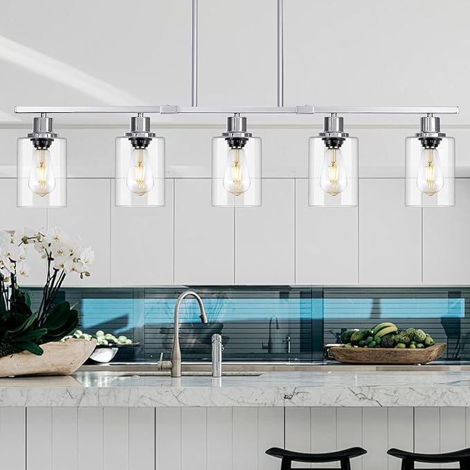 39.4" Kitchen Island Lighting, 5 Lights Clear Glass Pendant Light Fixtue, Chrome Linear Metal Chandelier for Dining&Living Room Foyer,Height Adjustable,E26 Socket