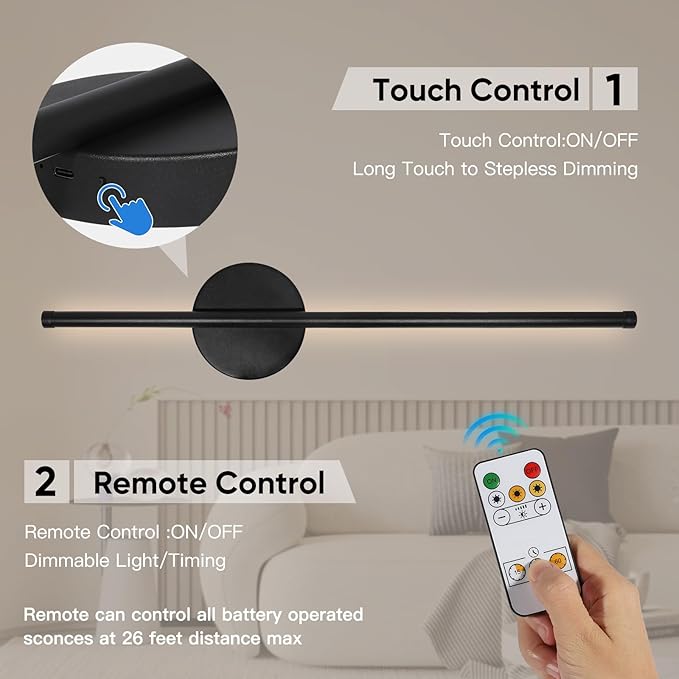 TaoFiaCo Battery Operated Wall Sconces Set of Two, Wireless Rechargeable Wall Sconces Black with Remote Control Dimmable, Cordless Wall Light Decor for Living Room, Bathroom, Hallway, Timing, 24 Inch