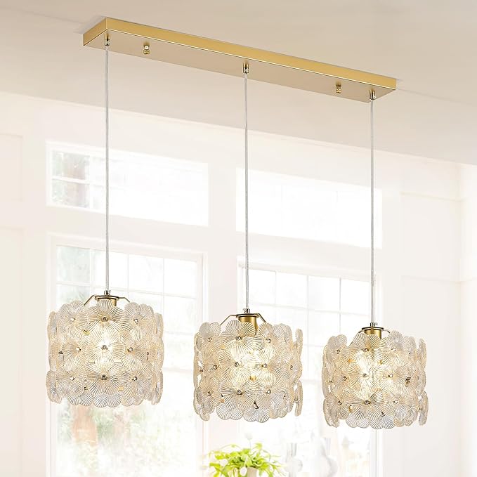 3-Lights Flower Glass Pendant Light for Kitchen Island Modern Gold Linear Chandelier Adjustable Ceiling Pendant Lighting for Bar Dining Room Living Room