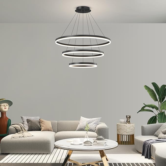 Black LED Modern Chandelier, 3 Ring Circular Dimmable Pendant Light for Kitchen Island, Living Room, Adjustable 3000K-6500K Ceiling Lamp, Above Dining Room Table Hanging Lights for Entryway Foyer