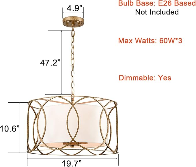 HYDELITE Brass Drum Pendant Light Drum Chandelier 3-Light Dining Table Fixture with White Linen Diffuser