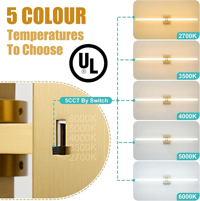 Bathroom Light Fixtures,Gold 35W LED 360° Full Lighting Modern Wall Sconce Vanity Light with 5-Color Dimmable 3000K-6000K, 37.40inch Vanity Lighting for Bath, Powder Room, Bedroom, Hallway