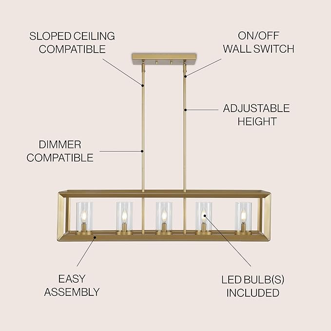 JONATHAN Y 38.5" Brass Gold Linear 5-Light LED Chandelier, Adjustable Clear Glass Shades Modern Pendant Light Fixture for Kitchen Island, Dining Room, ETL Listed (JYL7414C)