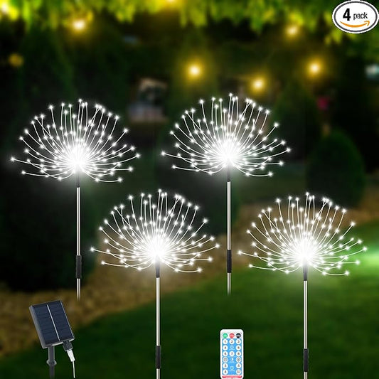 Slyuexu Solar Garden Lights Outdoor Waterproof, 4 Pack Total 480 LED Solar Firework Lights Decorative with 8 Lighting Modes Outside for Yard Pathway Flowerbed Decor, White