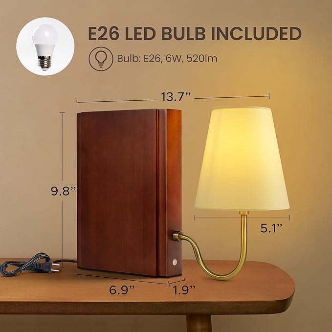 AELS Wooden Bookshelf Lamp with Bulb, Table Lamp with Linen Shade, 3-Color Dimmable Touch Control, Modern Decorative Bookend, Book Sconce for Office Home Bedroom Bookshelf, Dark Brown