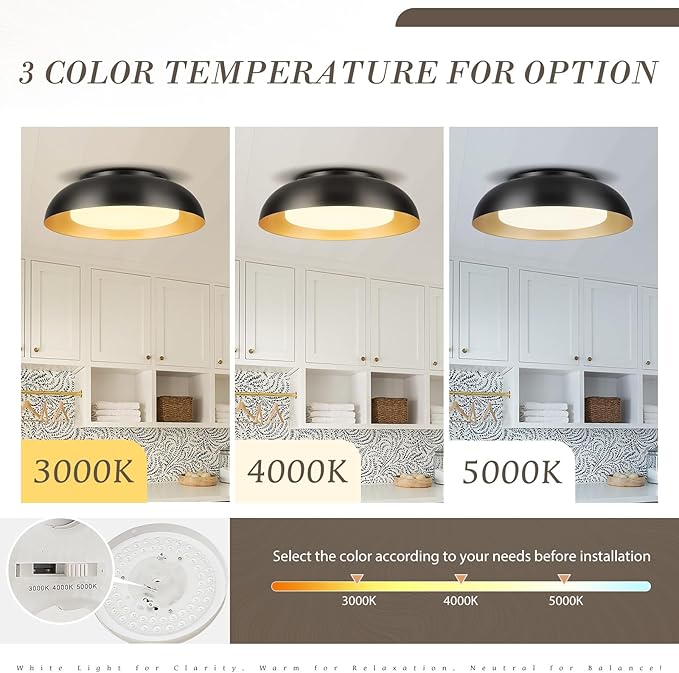 15in LED Flush Mount Ceiling Light, 28W Dimmable Ceiling Light Fixtures with Frosted Glass, Black and Gold Finish Modern Ceiling Light for Bedroom Kitchen Living Room, 3CCT, OS-DY2001-BK
