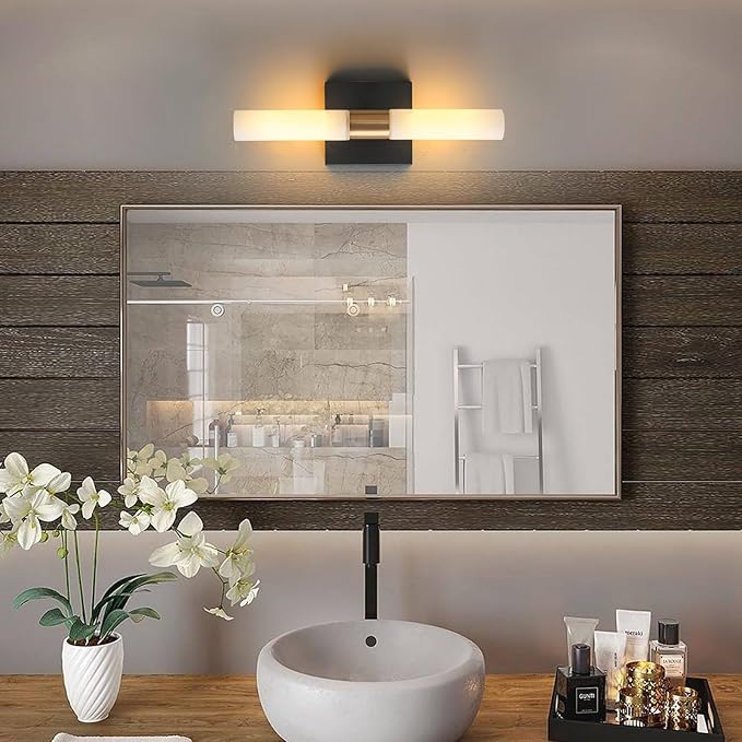 KUZZULL Wall Sconces Set of Two Black and Brass Wall Lights with White Frosted Glass Shade Modern Wall Lamp for Bathroom Living Room Indoor Vanity Up and Down Sconces Wall Lighting for Hallway