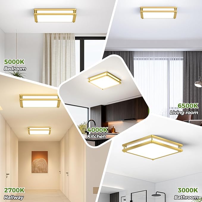 13 Inch Gold Square LED Ceiling Lights for Bedroom Kitchen Bathroom, 2-Pack 36W Super Bright 3200LM Modern Flush Mount Light Fixture, 2700K-6500K Selectable Dimmable Close to Ceiling Double Ring Lamp