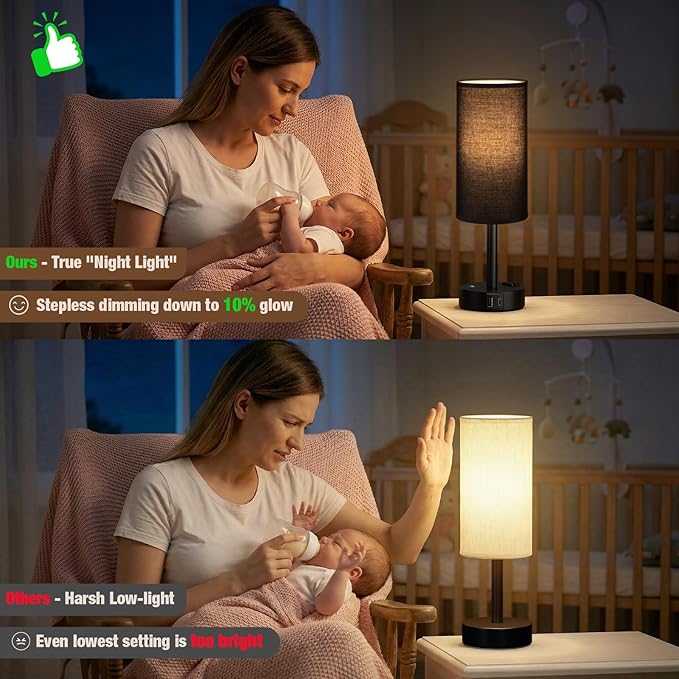 Touch Bedside Table Lamp with Memory - Stepless Dimmable Lamp for Bedroom, Small Nightstand Lamp with Dual USB Charging Ports and AC Outlet, Wood Night Light, Deak Lamp for Nursery, (Black & Black)